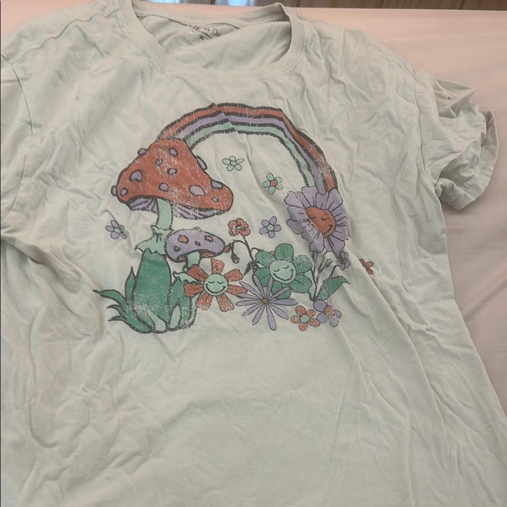 Graphic Tee with Mushroom and Rainbow Design